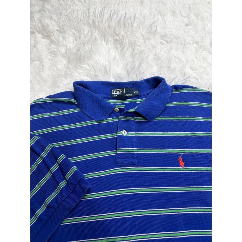 Vintage Polo Ralph Lauren Colorful Striped‎ Polo Shirt Retro XXL Green Blue 90's